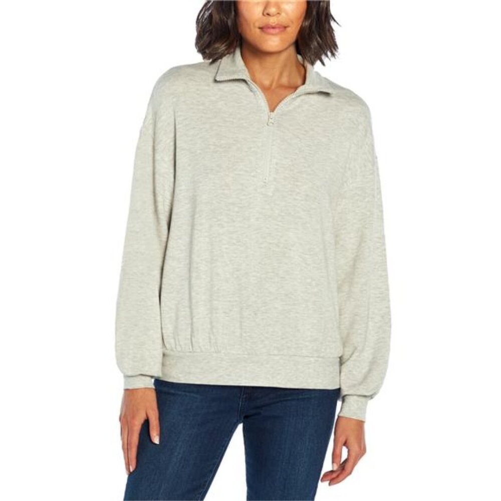 Three Dots Women's Sweater Quarter Zip Front Pullover (Gray, Large)